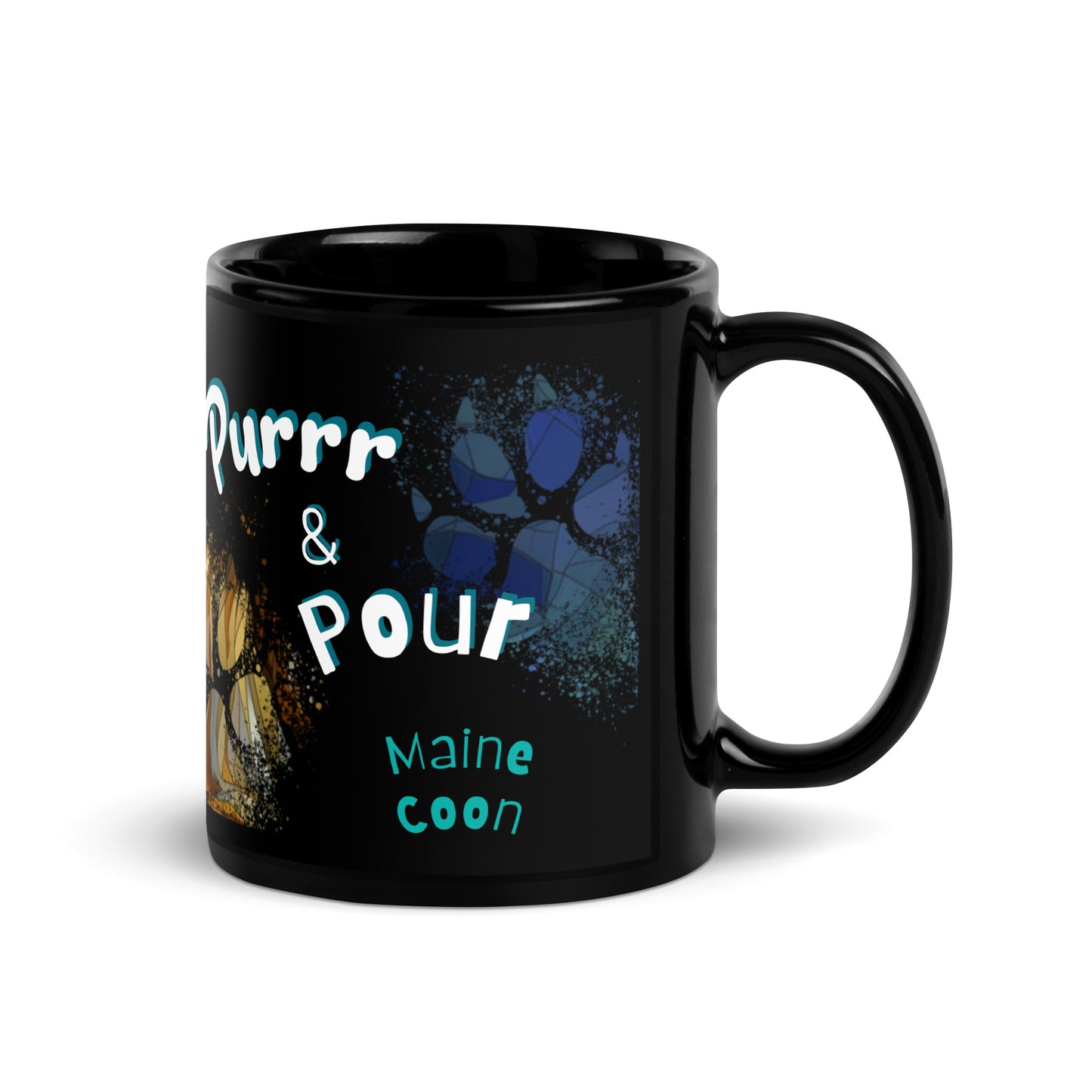 Purrr & Pour text with image of a Maine Coon cat on stained glass style background with colorful paw prints on a black ceramic mug 11 oz — handle on right