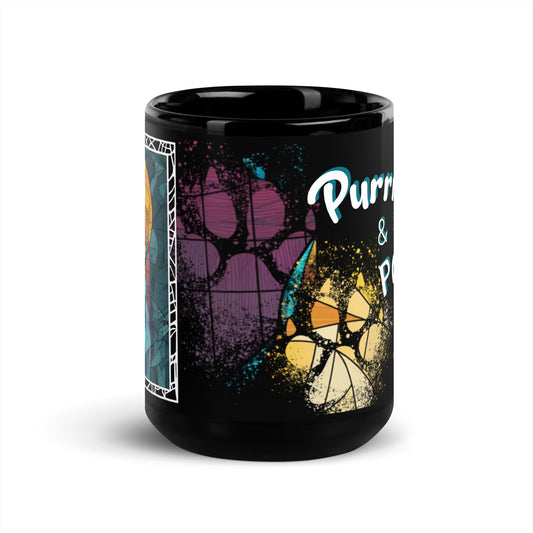 Purrr & Pour text with image of a Sphynx cat on stained glass style background with colorful paw prints on a black ceramic mug 15 oz — front view