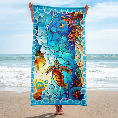 Drift into Light geometric pattern on a Color in Motion beach towel 30x60 — person on beach holding towel lengthwise