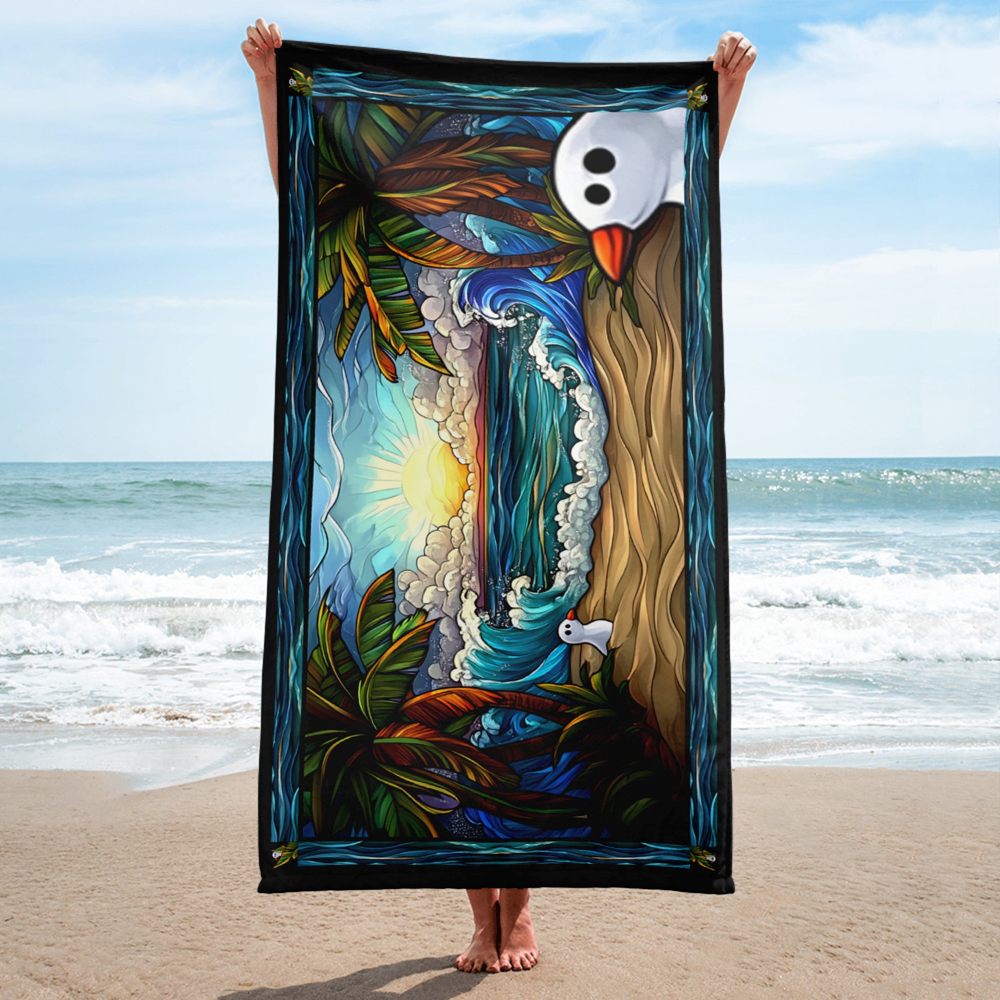Little Wave Hello geometric pattern on a Color in Motion beach towel 30x60 — person on beach holding towel lengthwise