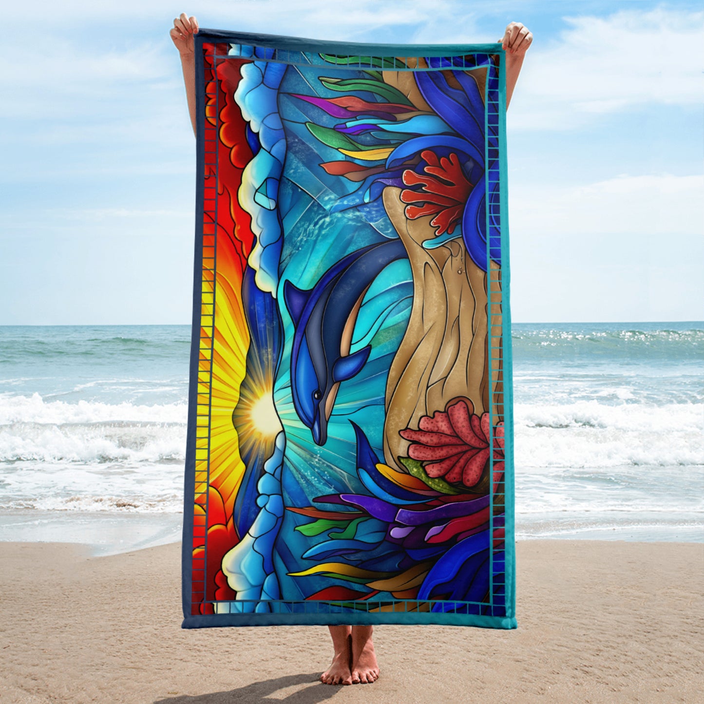 Dancing Tides geometric pattern on a Color in Motion beach towel 30x60 — person on beach holding towel lengthwise