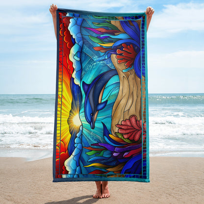 Dancing Tides geometric pattern on a Color in Motion beach towel 30x60 — person on beach holding towel lengthwise