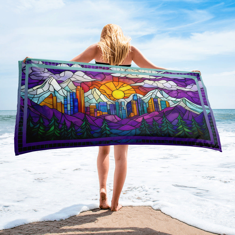 Summit Glow geometric pattern on a Color in Motion beach towel 30x60 — woman walking on beach with towel flowing behind her