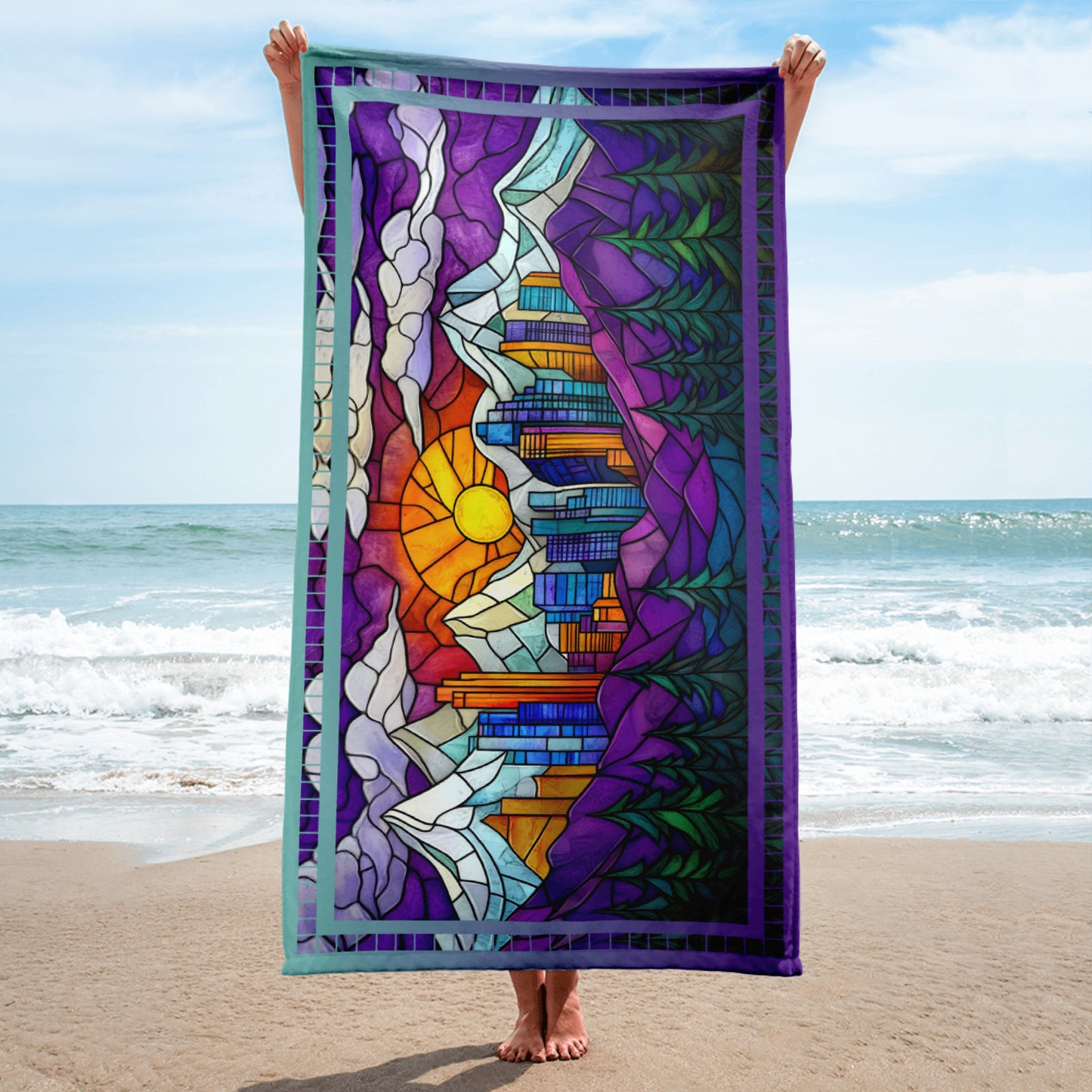 Summit Glow geometric pattern on a Color in Motion beach towel 30x60 — person on beach holding towel lengthwise