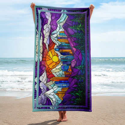 Summit Glow geometric pattern on a Color in Motion beach towel 30x60 — person on beach holding towel lengthwise