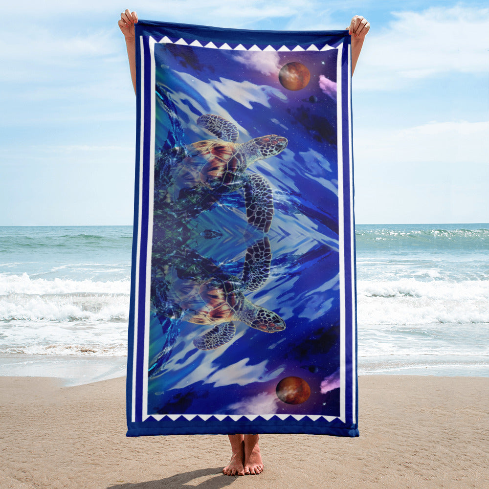 Lunar Waves geometric pattern on a Color in Motion beach towel 30x60 — person on beach holding towel lengthwise