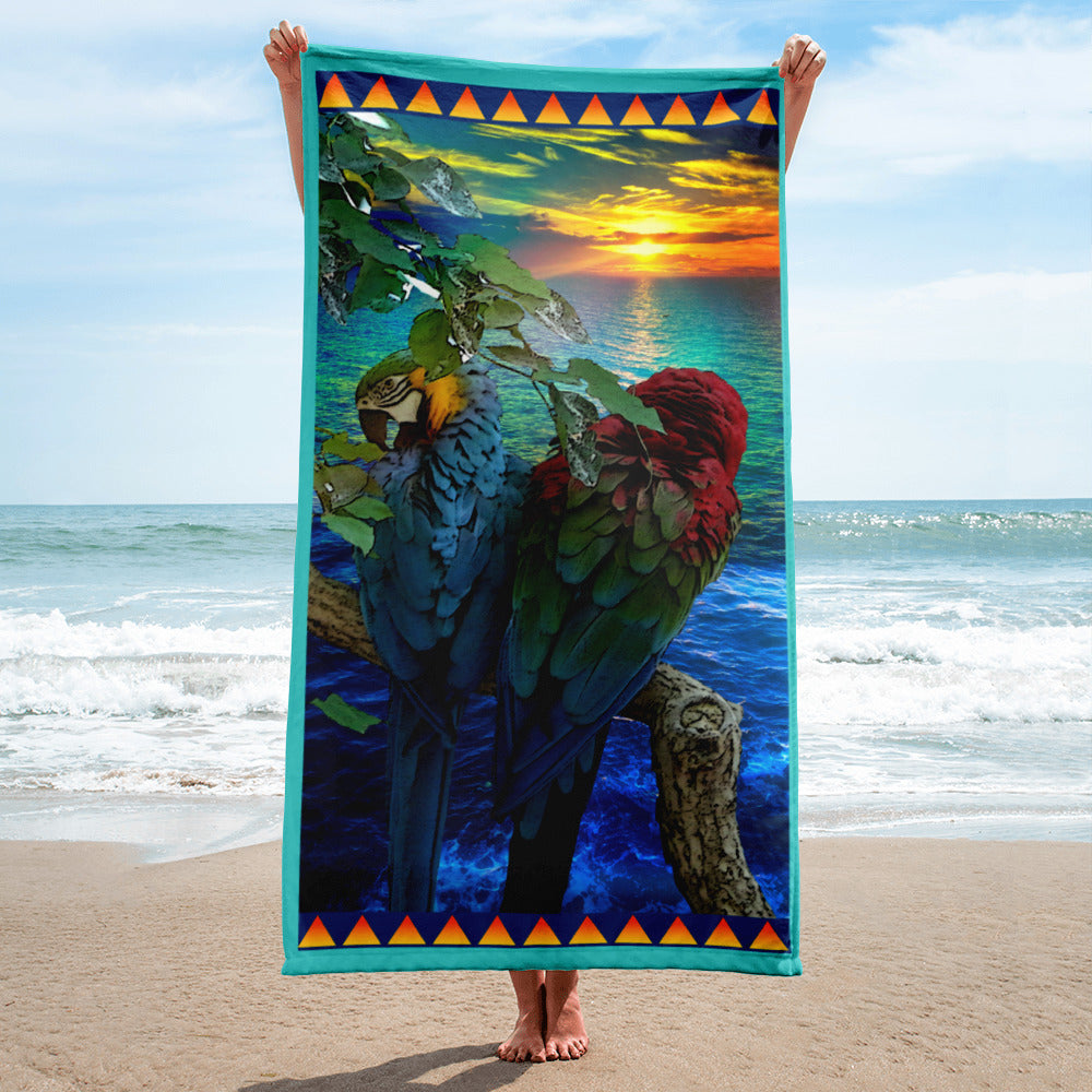 Love Birds geometric pattern on a Color in Motion beach towel 30x60 — person on beach holding towel lengthwise