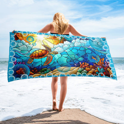 Drift into Light geometric pattern on a Color in Motion beach towel 30x60 — woman walking on beach with towel flowing behind her