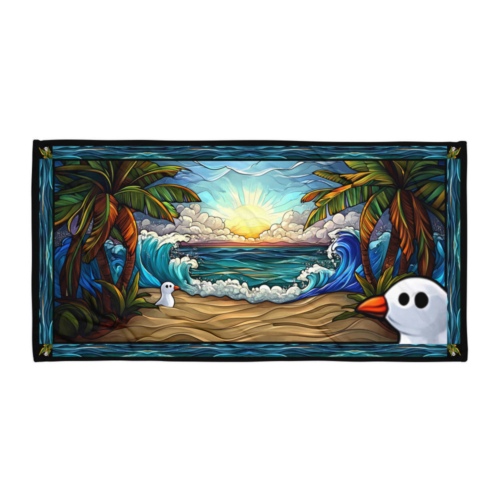 Little Wave Hello geometric pattern on a Color in Motion beach towel 30x60 — flat lay front view