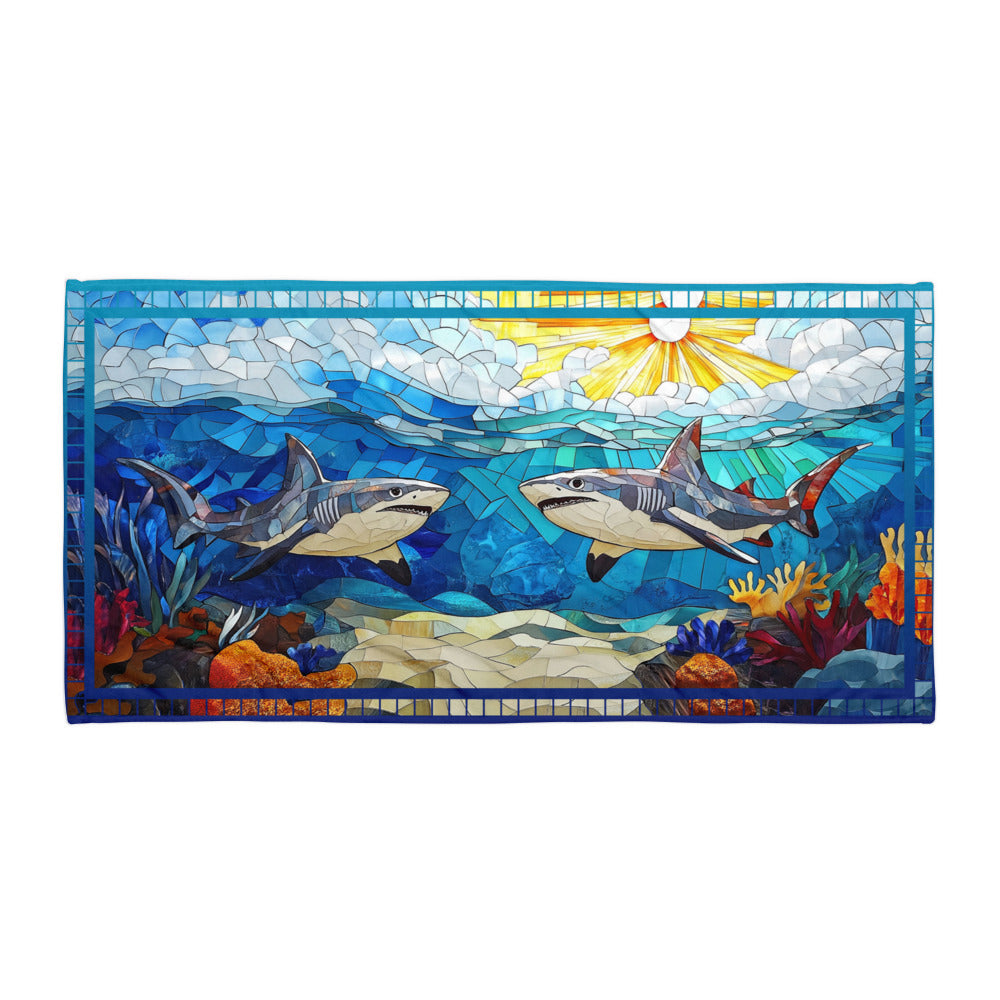 Tide Hunters geometric pattern on a Color in Motion beach towel 30x60 — flat lay front view