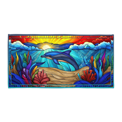 Dancing Tides geometric pattern on a Color in Motion beach towel 30x60 — flat lay front view