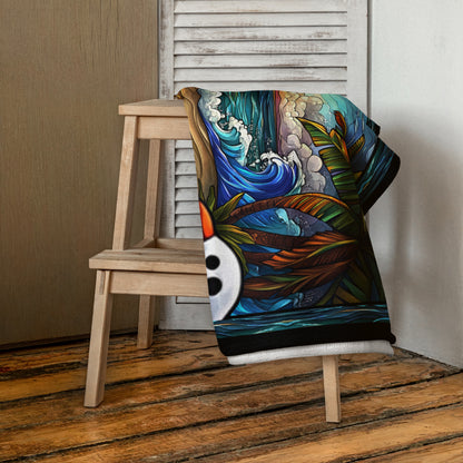 Little Wave Hello geometric pattern on a Color in Motion beach towel 30x60 — folded and draped over wooden stool