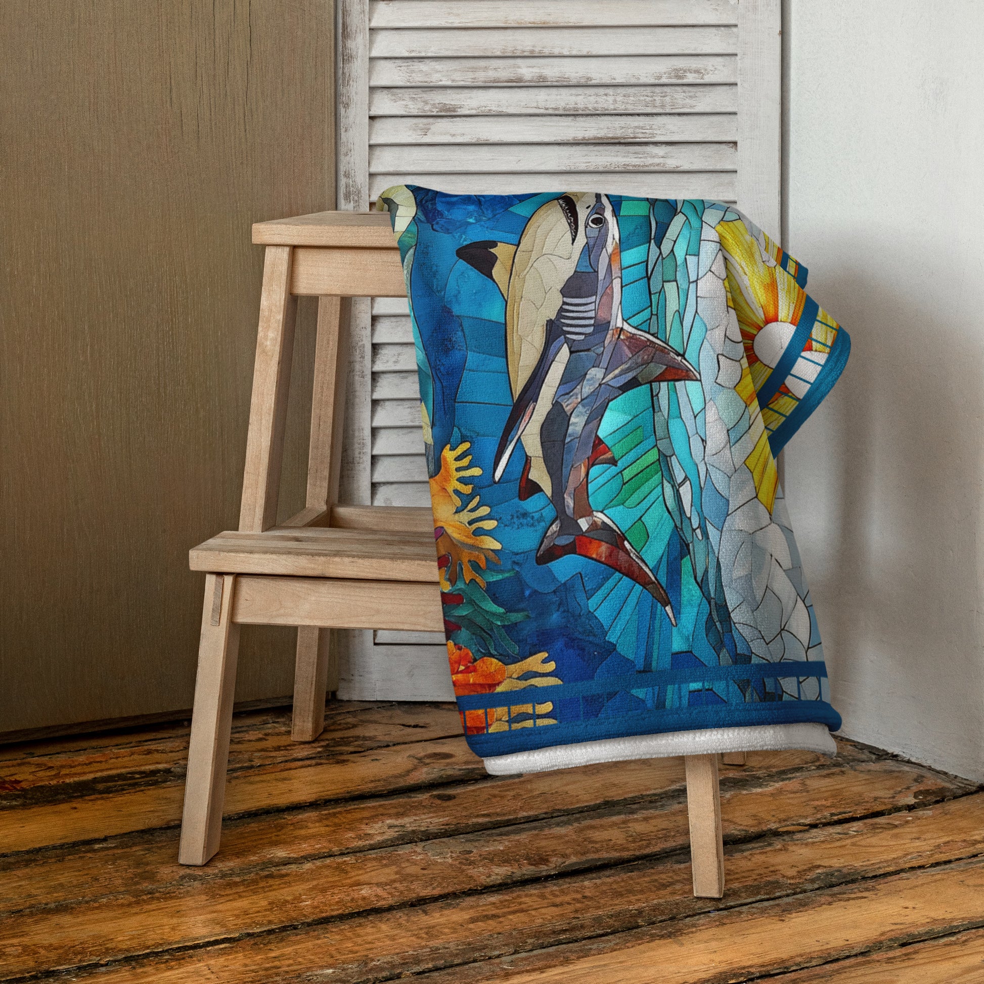 Tide Hunters geometric pattern on a Color in Motion beach towel 30x60 — folded and draped over wooden stool