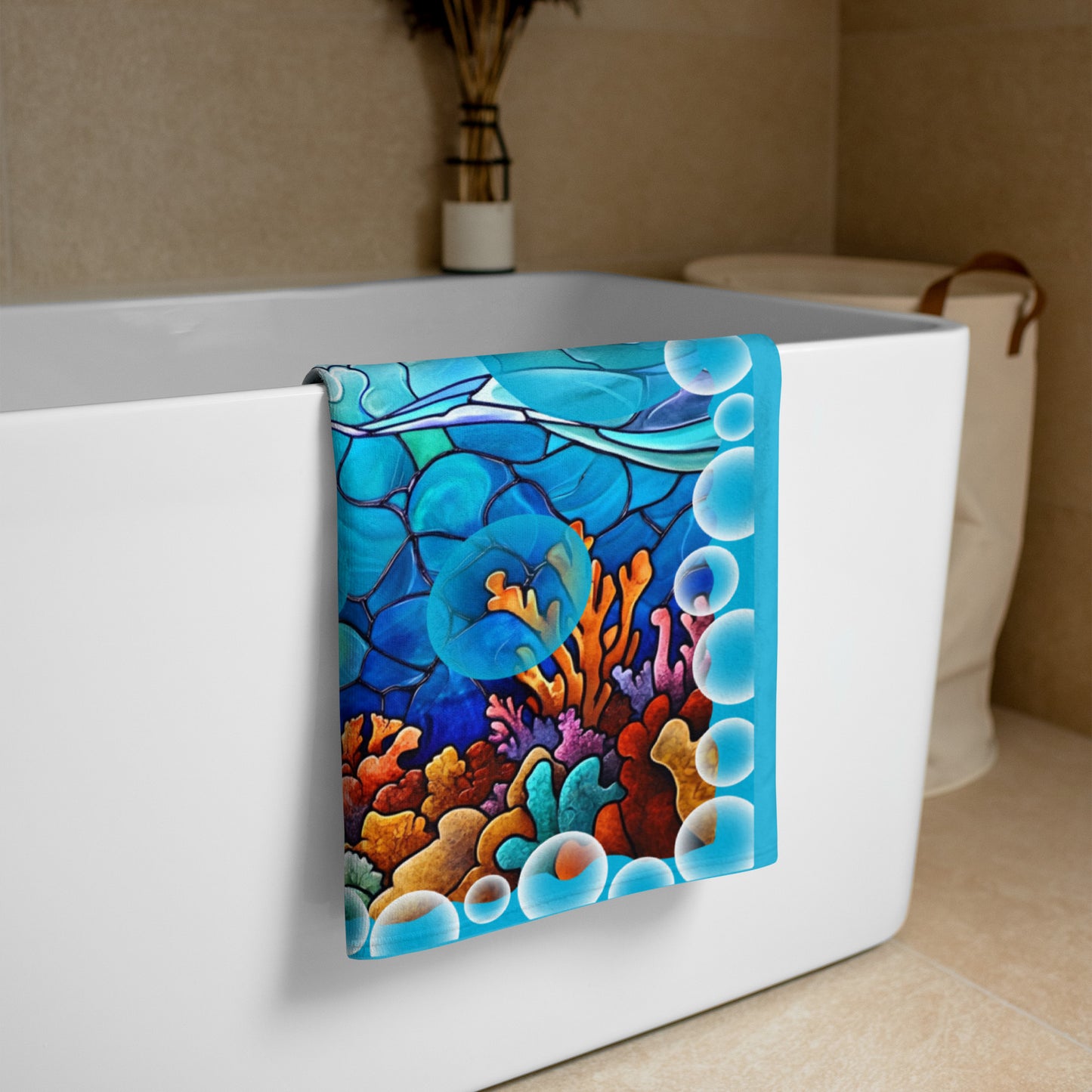 Drift into Light geometric pattern on a Color in Motion beach towel 30x60 — folded and hanging over bathtub