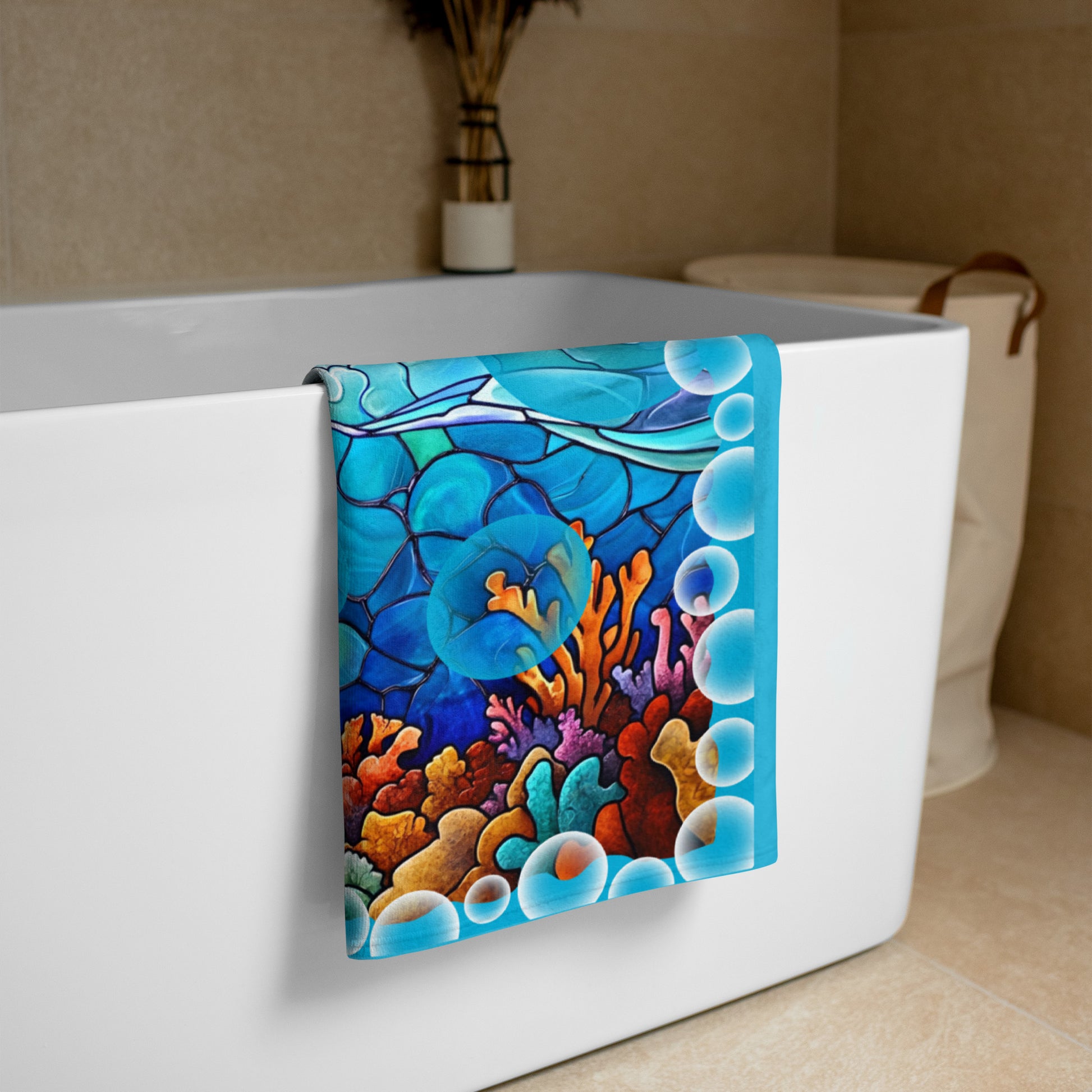 Drift into Light geometric pattern on a Color in Motion beach towel 30x60 — folded and hanging over bathtub