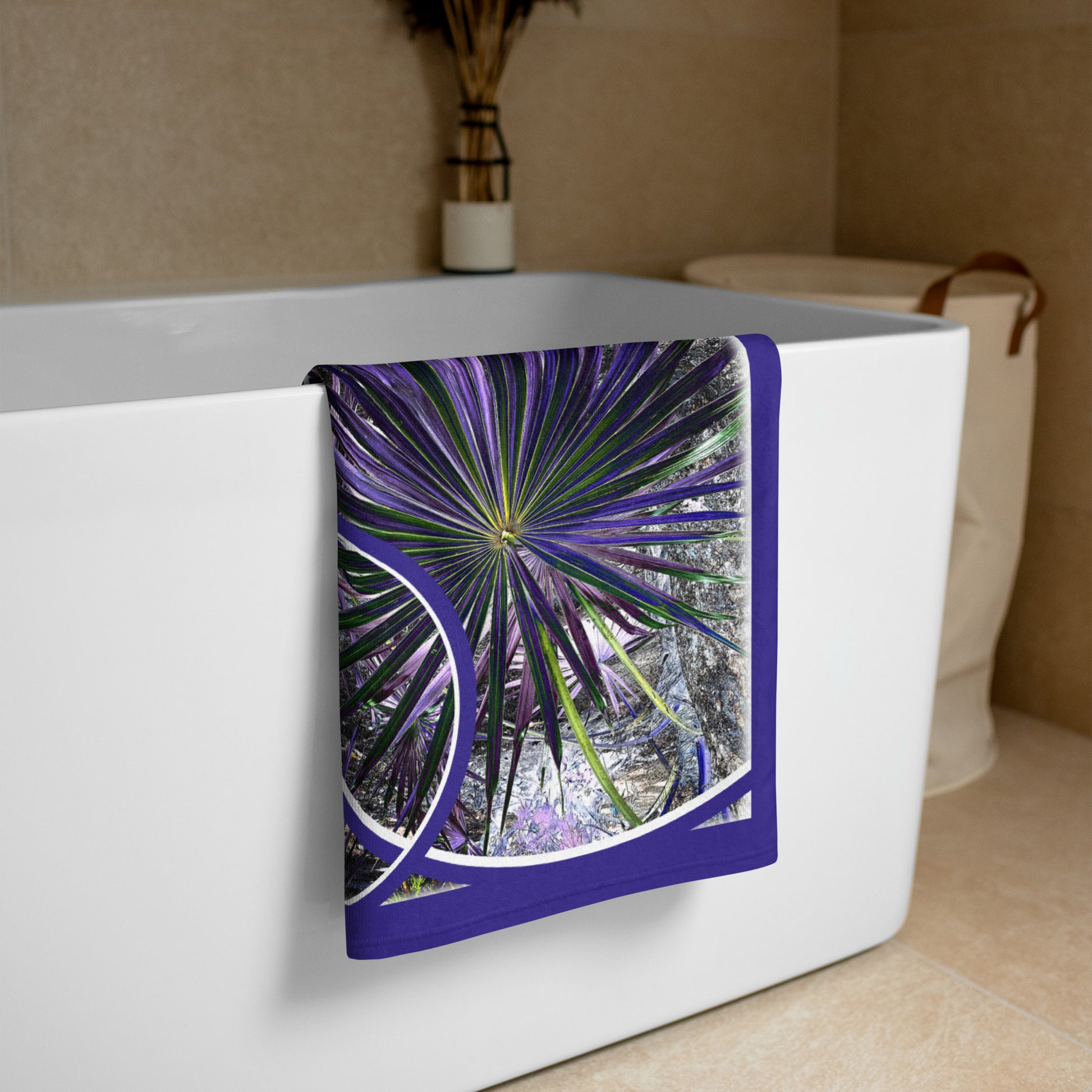 Wild Palm geometric pattern on a Color in Motion beach towel 30x60 — folded and hanging over bathtub