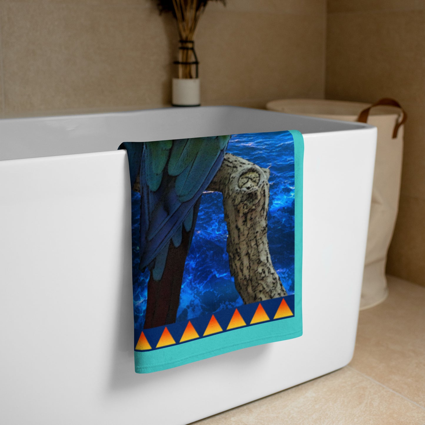 Love Birds geometric pattern on a Color in Motion beach towel 30x60 — folded and hanging over bathtub