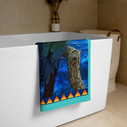 Love Birds geometric pattern on a Color in Motion beach towel 30x60 — folded and hanging over bathtub