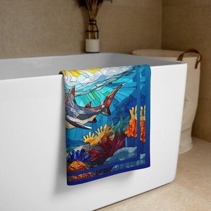 Tide Hunters geometric pattern on a Color in Motion beach towel 30x60 — folded and hanging over bathtub