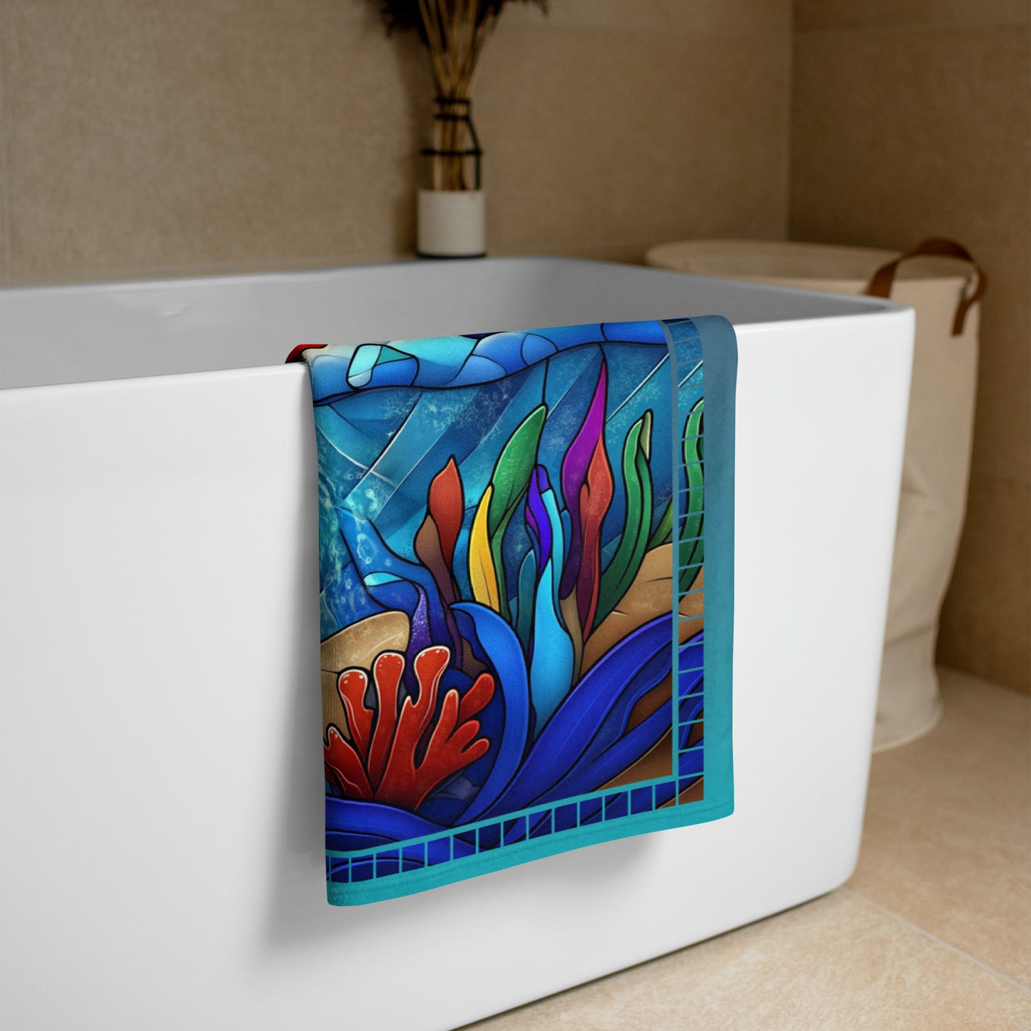 Dancing Tides geometric pattern on a Color in Motion beach towel 30x60 — folded and hanging over bathtub