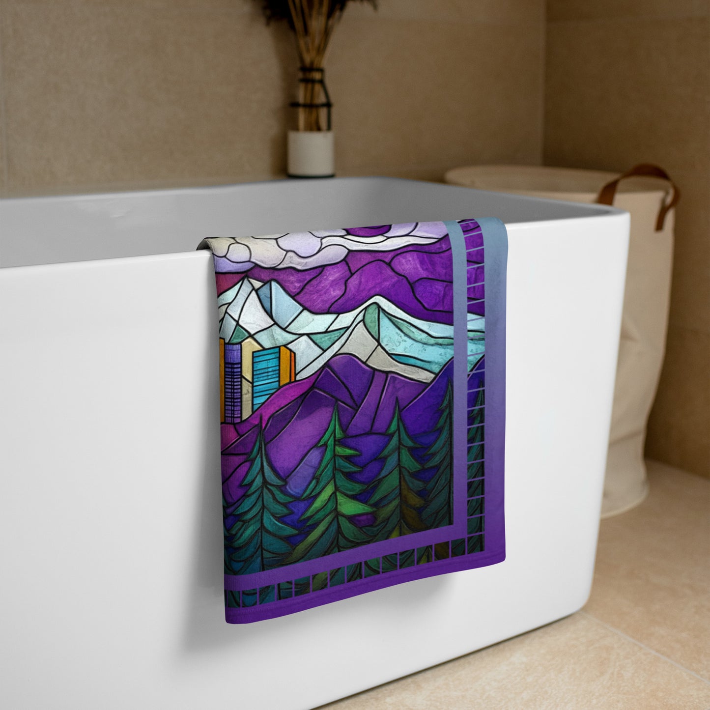 Summit Glow geometric pattern on a Color in Motion beach towel 30x60 — folded and hanging over bathtub