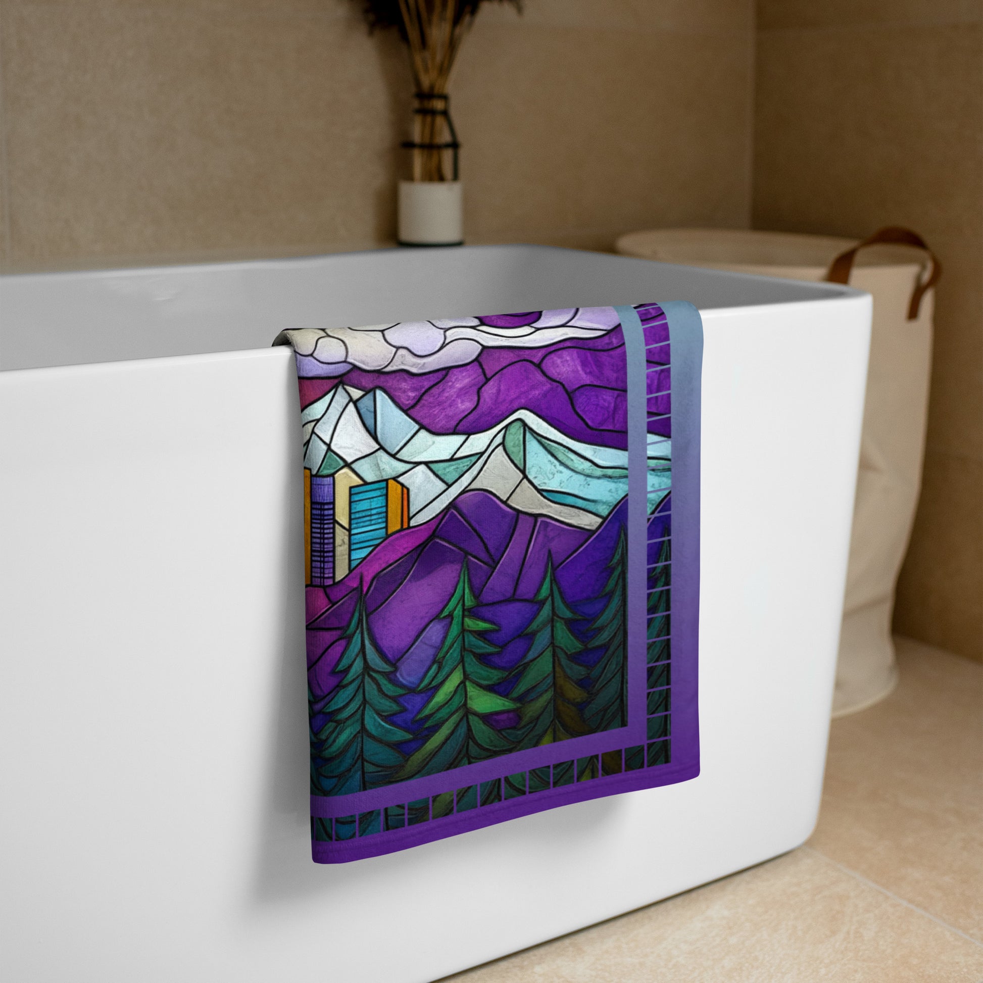 Summit Glow geometric pattern on a Color in Motion beach towel 30x60 — folded and hanging over bathtub
