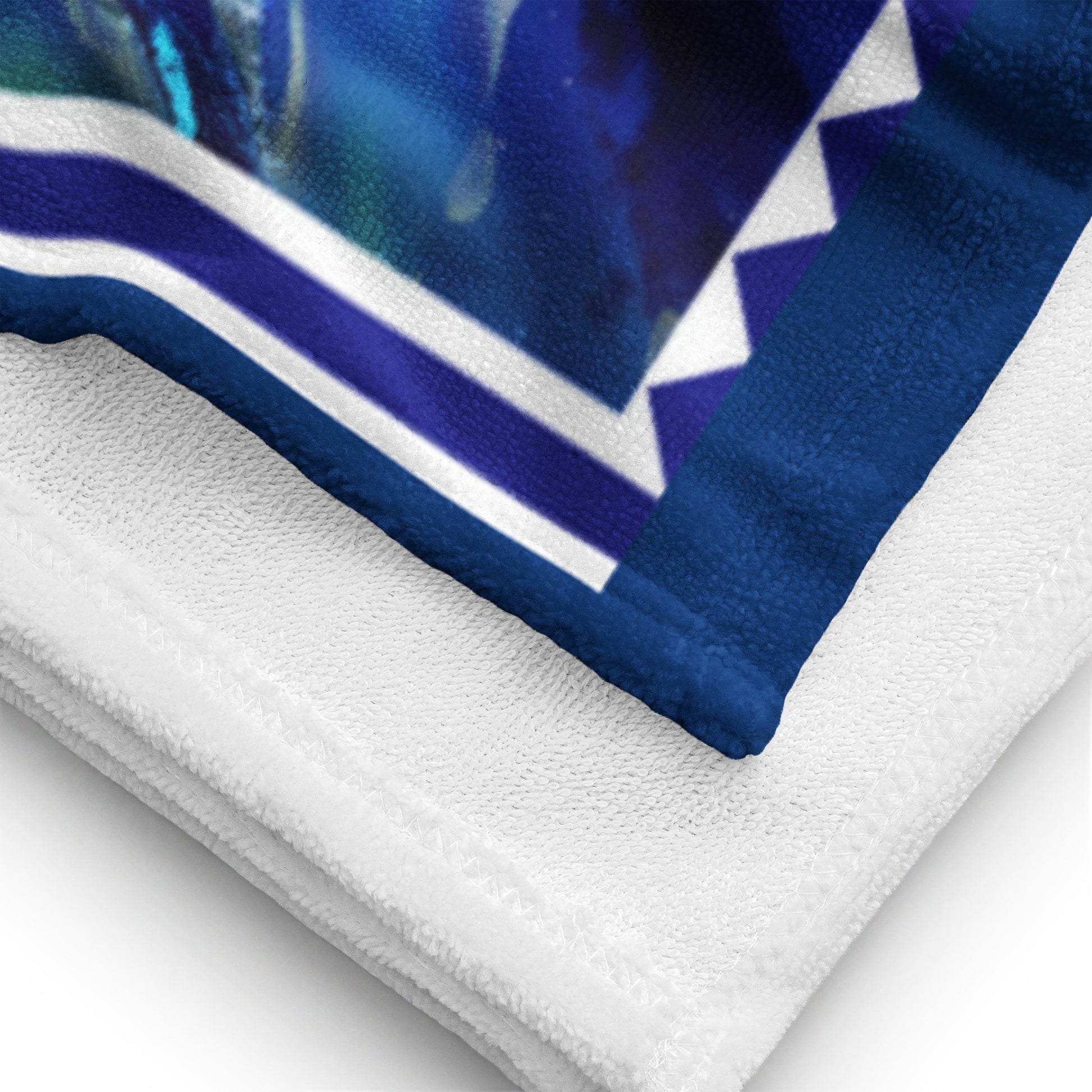 Lunar Waves geometric pattern on a Color in Motion beach towel 30x60 — close-up of towel corner detail