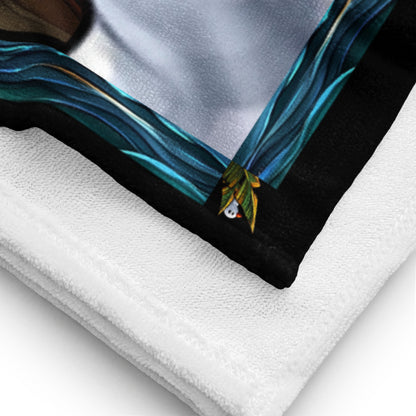 Little Wave Hello geometric pattern on a Color in Motion beach towel 30x60 — close-up of towel corner detail