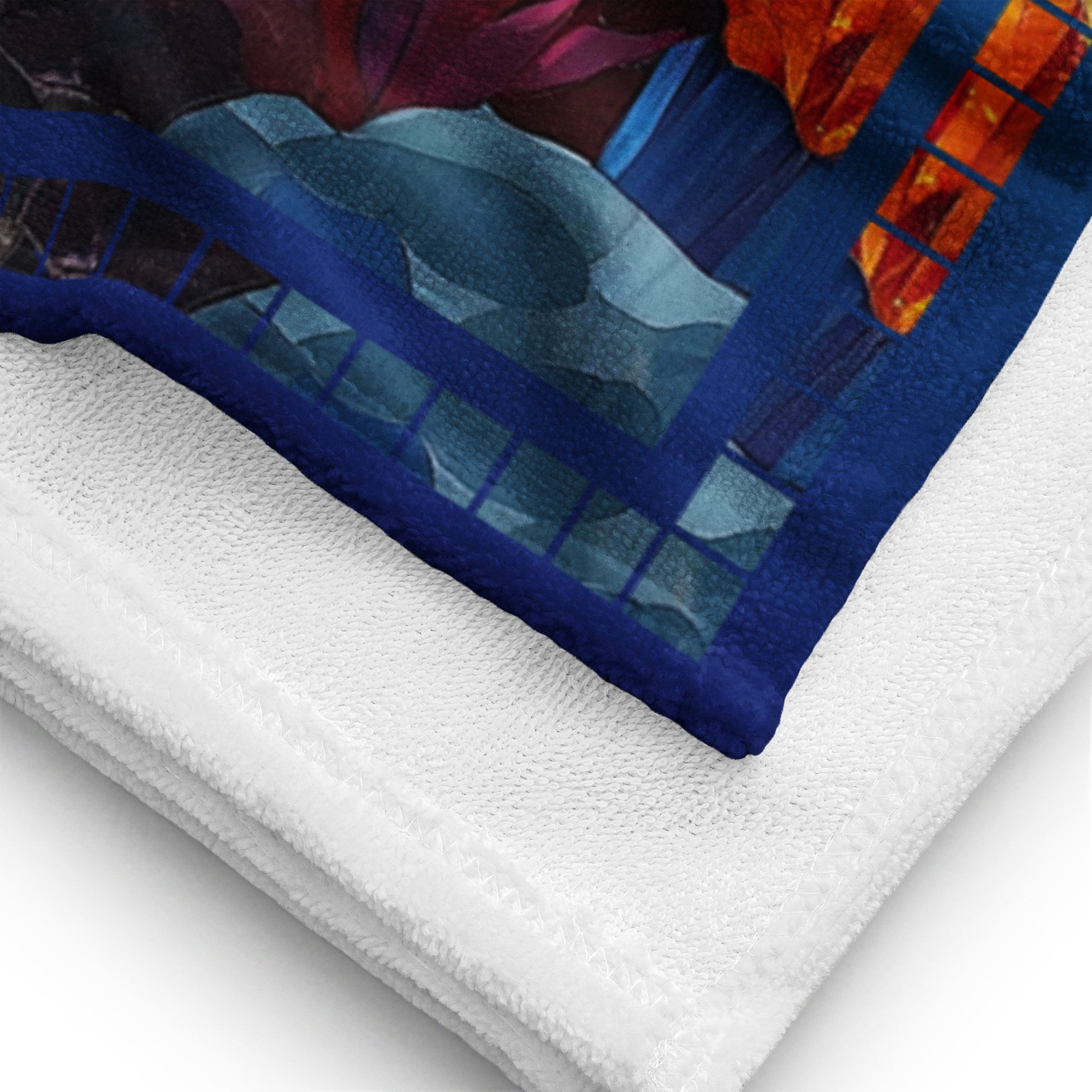 Tide Hunters geometric pattern on a Color in Motion beach towel 30x60 — close-up of towel corner detail