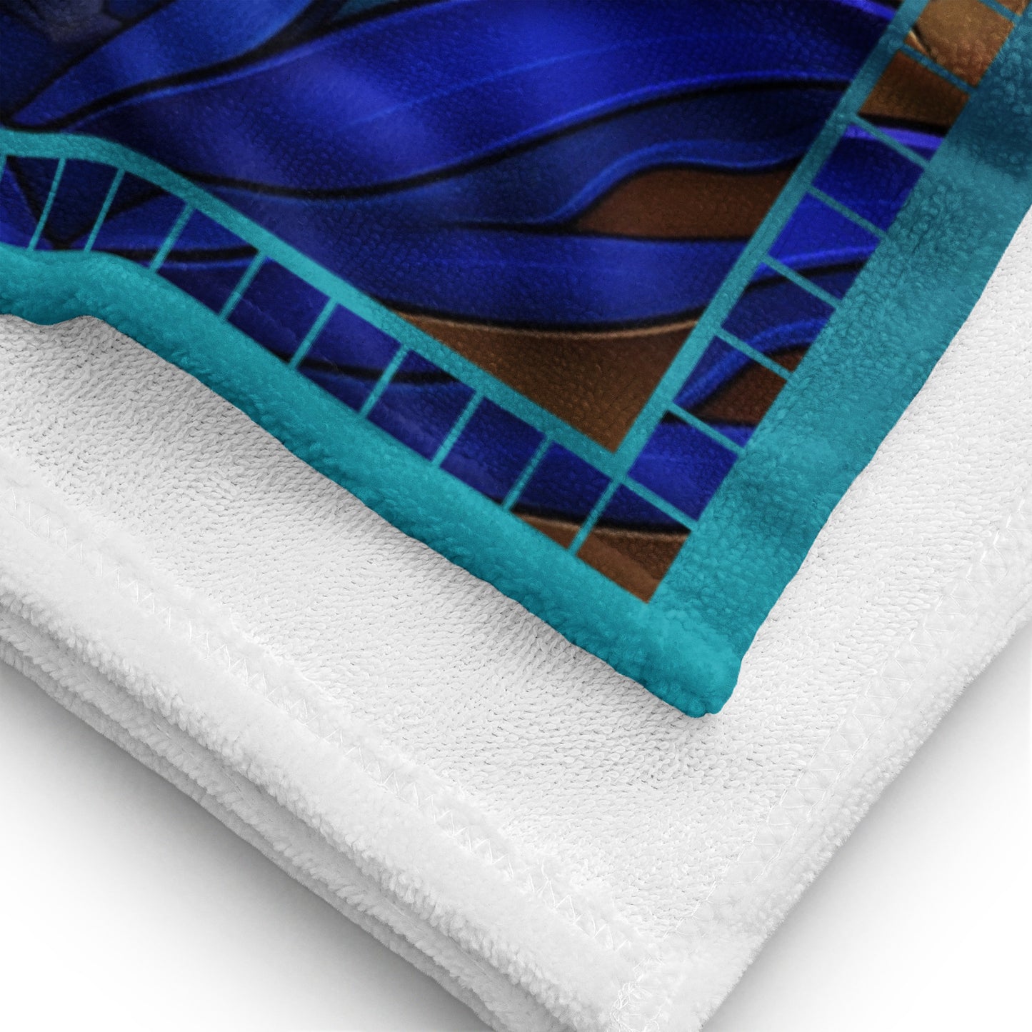 Dancing Tides geometric pattern on a Color in Motion beach towel 30x60 — close-up of towel corner detail