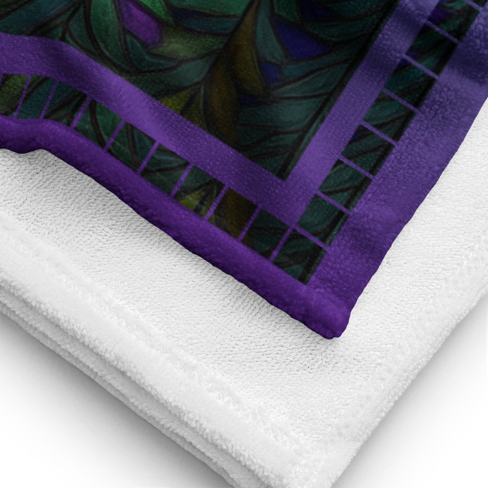 Summit Glow geometric pattern on a Color in Motion beach towel 30x60 — close-up of towel corner detail
