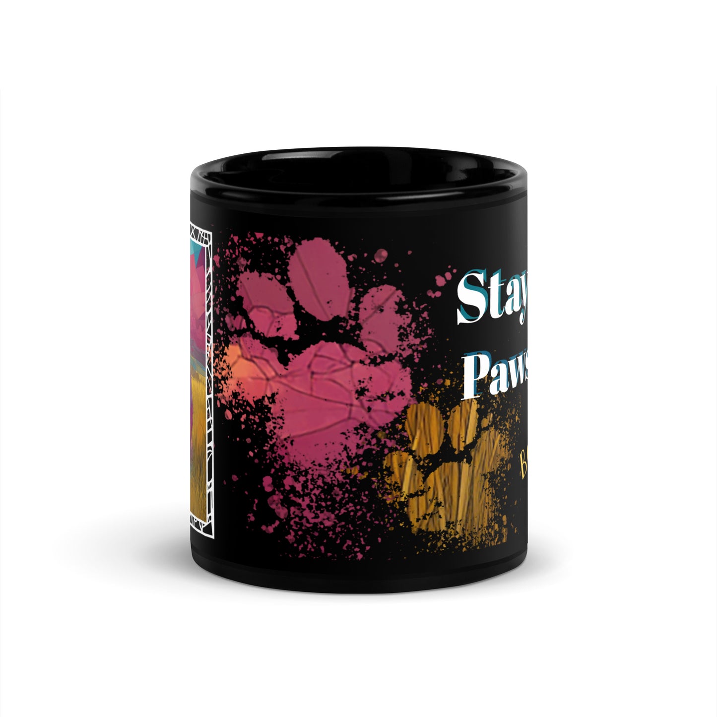 Stay Pawsitive text with image of a Border Collie dog on stained glass style background with colorful paw prints on a black ceramic mug 11 oz — front view