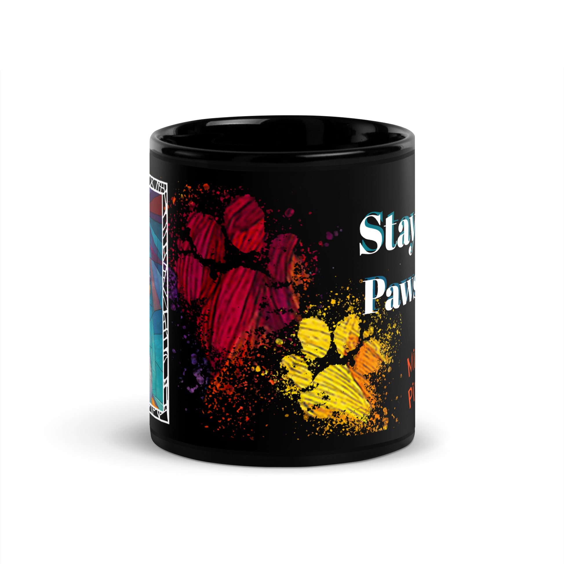Stay Pawsitive text with image of a Miniature Pinscher dog on stained glass style background with colorful paw prints on a black ceramic mug 11 oz — front view
