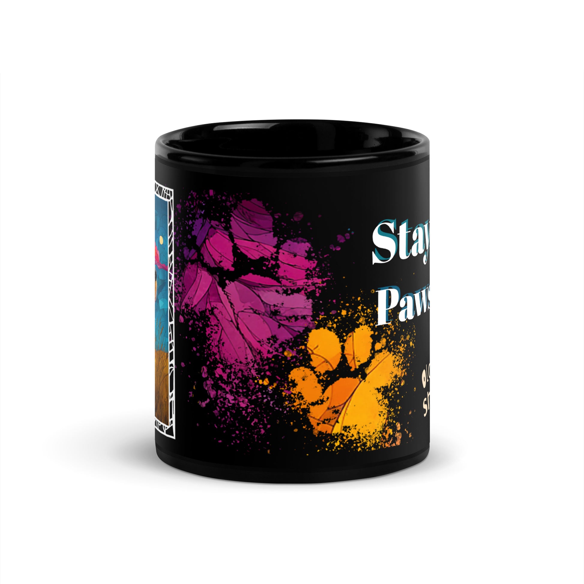 Stay Pawsitive text with image of a Old English Sheepdog dog on stained glass style background with colorful paw prints on a black ceramic mug 11 oz — front view
