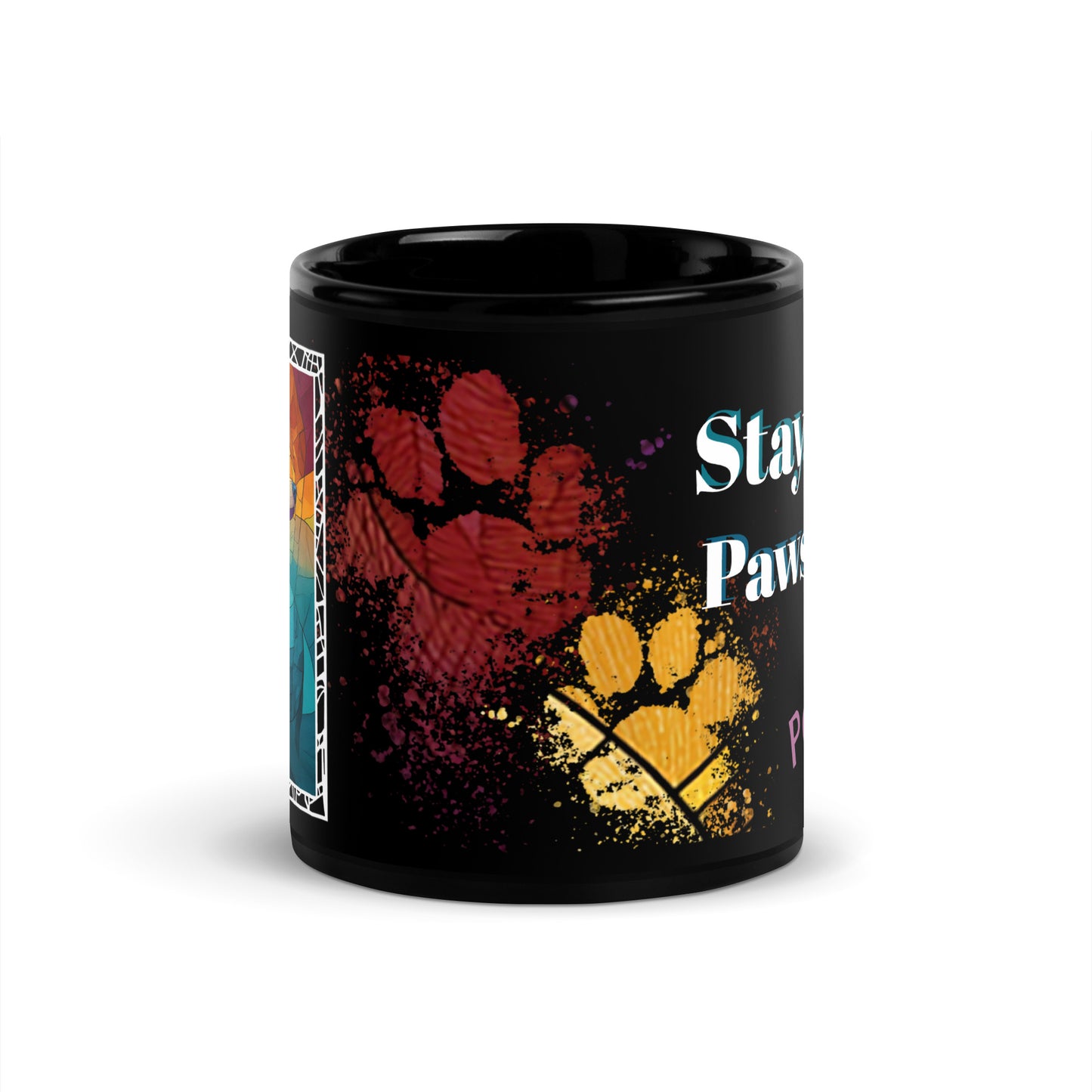 Stay Pawsitive text with image of a Poodle dog on stained glass style background with colorful paw prints on a black ceramic mug 11 oz — front view
