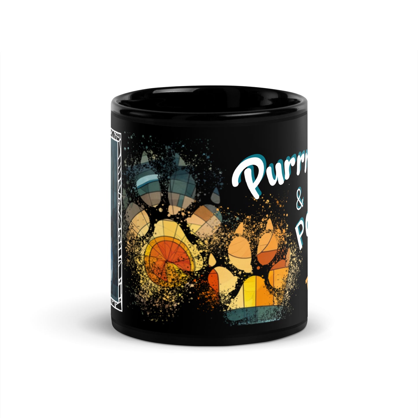Purrr & Pour text with image of a Tuxedo cat on stained glass style background with colorful paw prints on a black ceramic mug 11 oz — front view