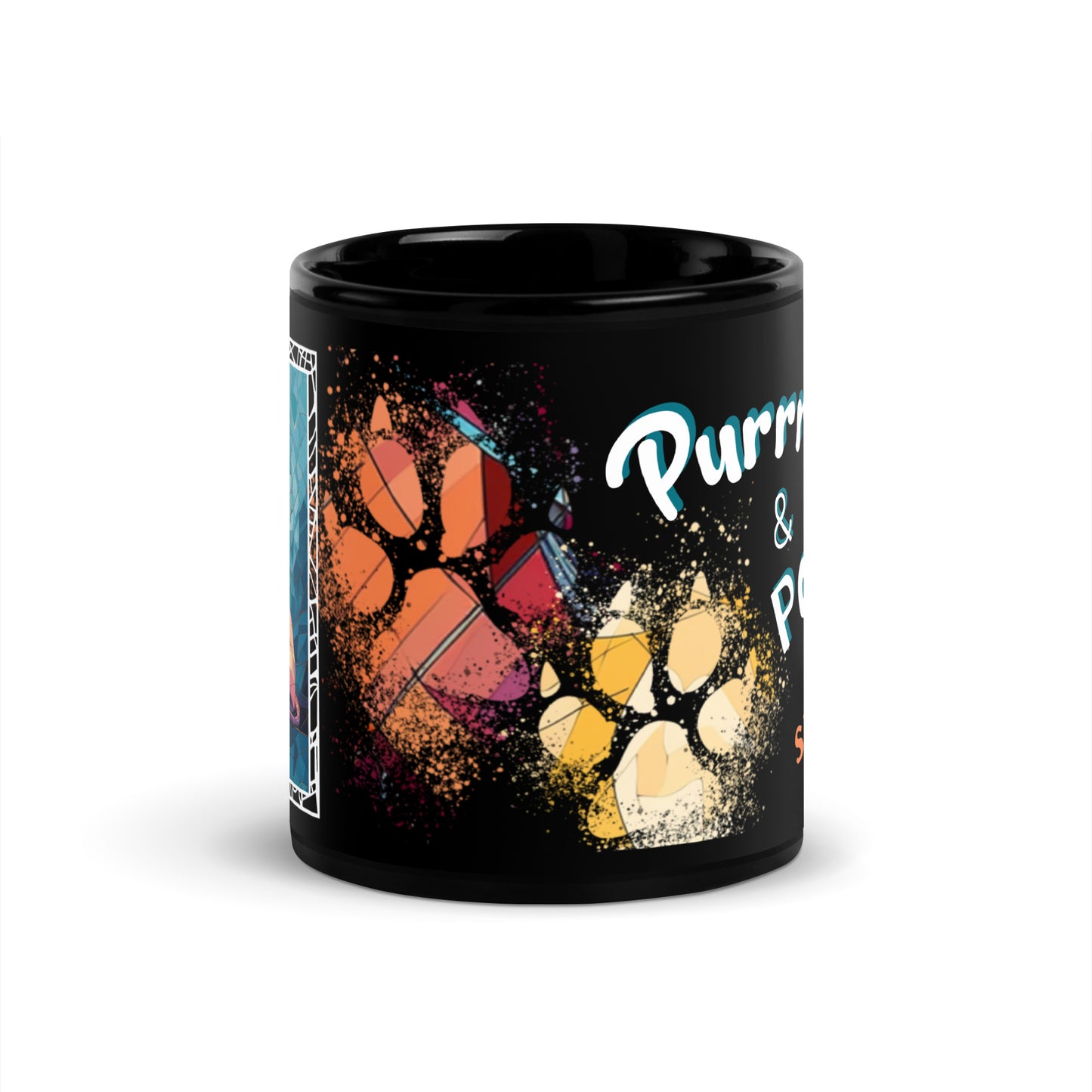 Purrr & Pour text with image of a Siamese cat on stained glass style background with colorful paw prints on a black ceramic mug 11 oz — front view