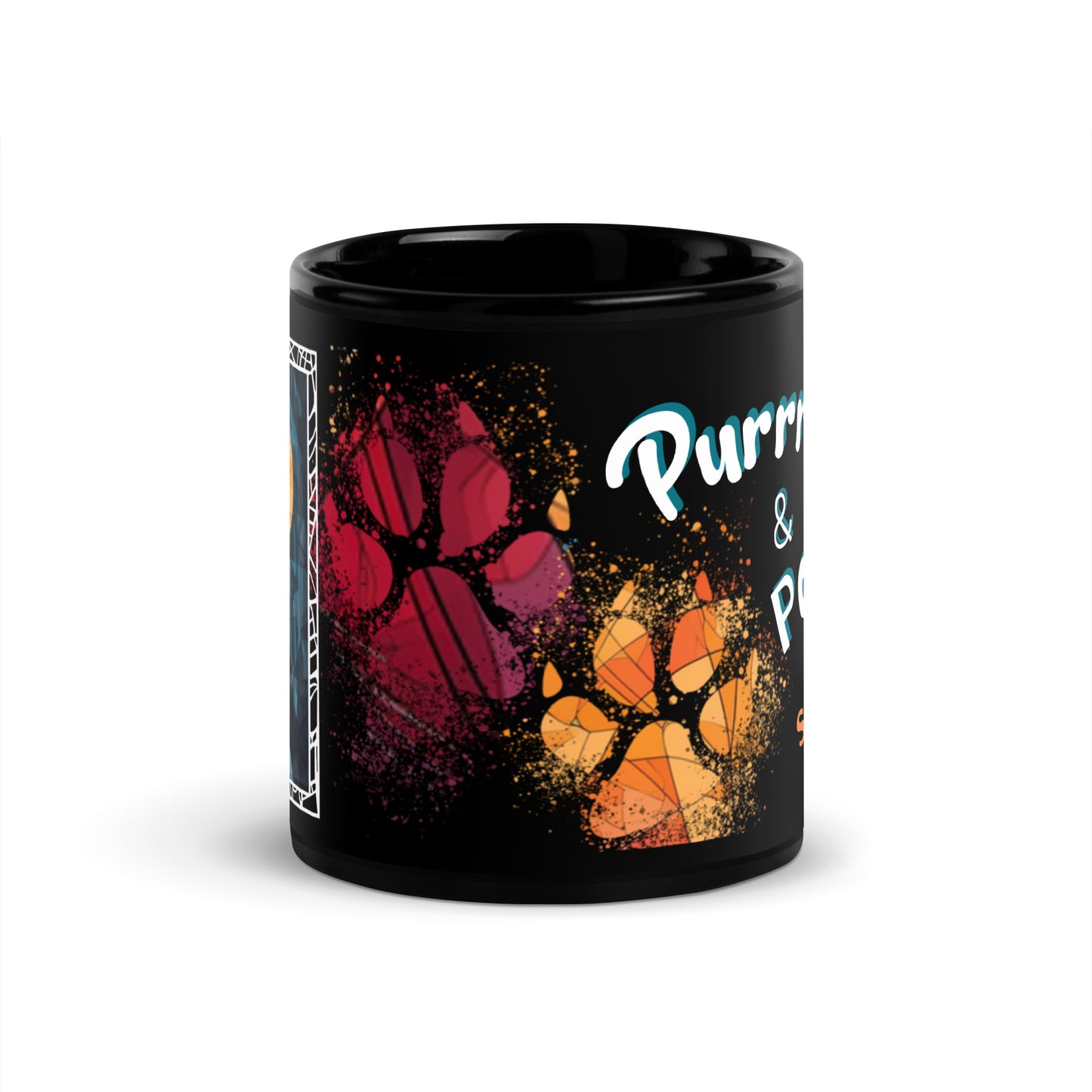 Purrr & Pour text with image of a Scottish Fold cat on stained glass style background with colorful paw prints on a black ceramic mug 11 oz — front view
