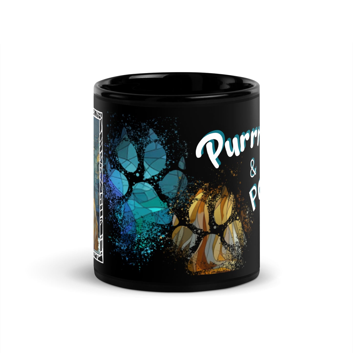 Purrr & Pour text with image of a Maine Coon cat on stained glass style background with colorful paw prints on a black ceramic mug 11 oz — front view