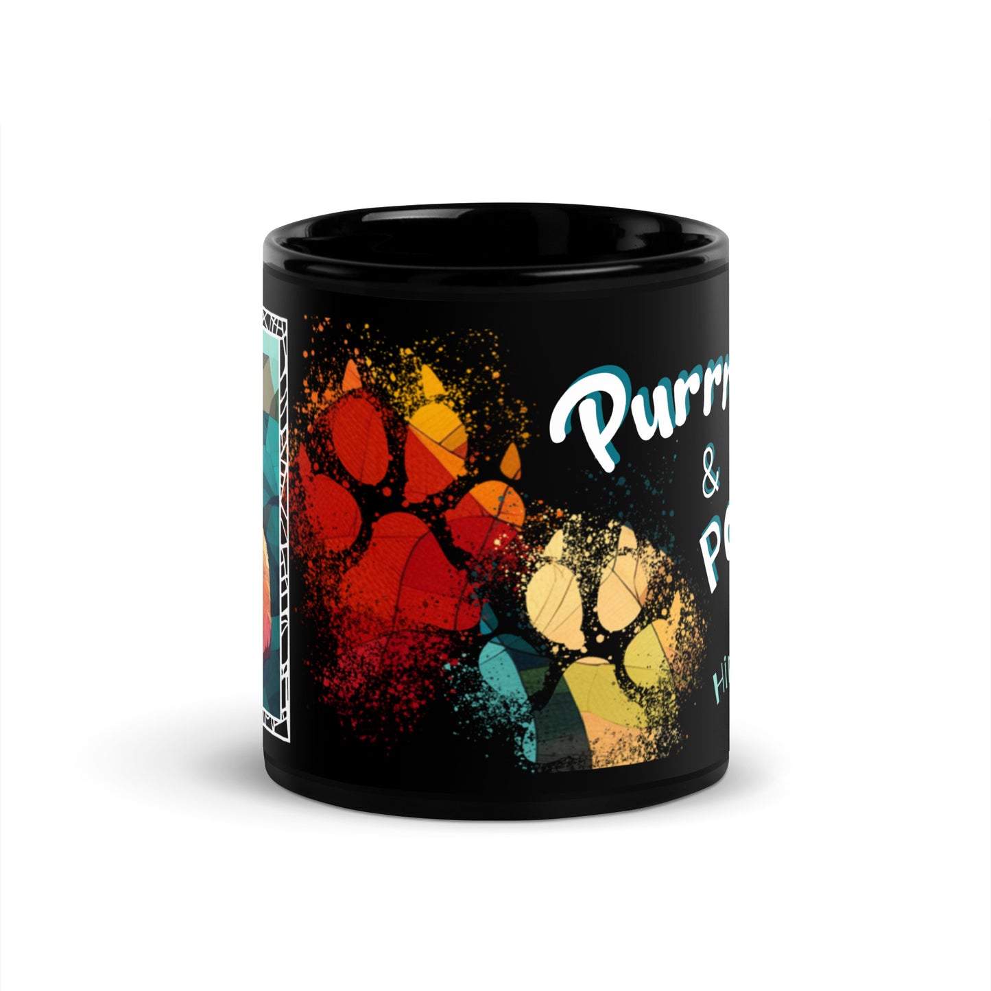 Purrr & Pour text with image of a Himalayan cat on stained glass style background with colorful paw prints on a black ceramic mug 11 oz — front view