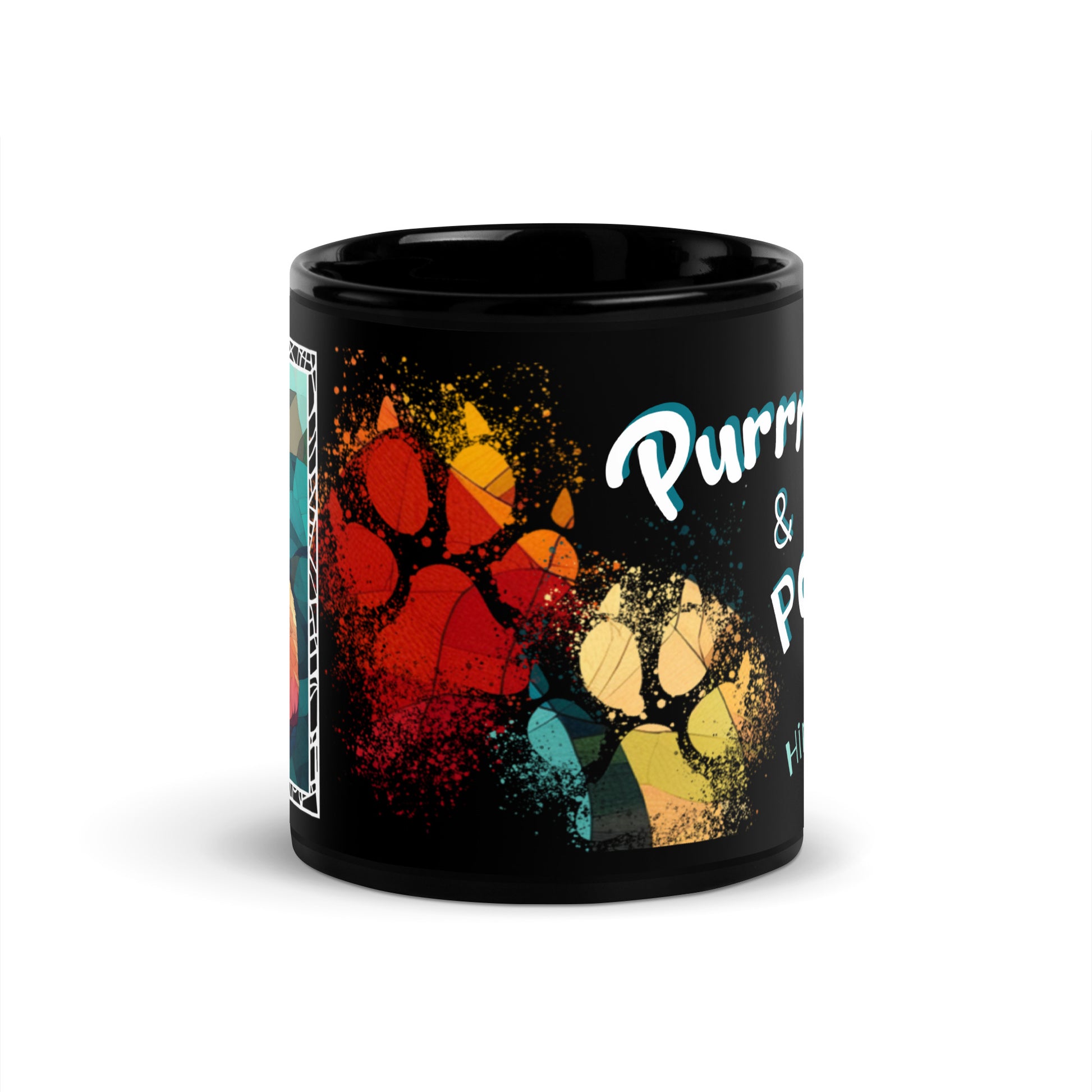 Purrr & Pour text with image of a Himalayan cat on stained glass style background with colorful paw prints on a black ceramic mug 11 oz — front view