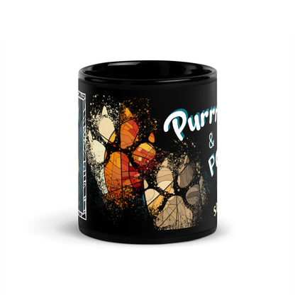 Purrr & Pour text with image of a British Shorthair cat on stained glass style background with colorful paw prints on a black ceramic mug 11 oz — front view