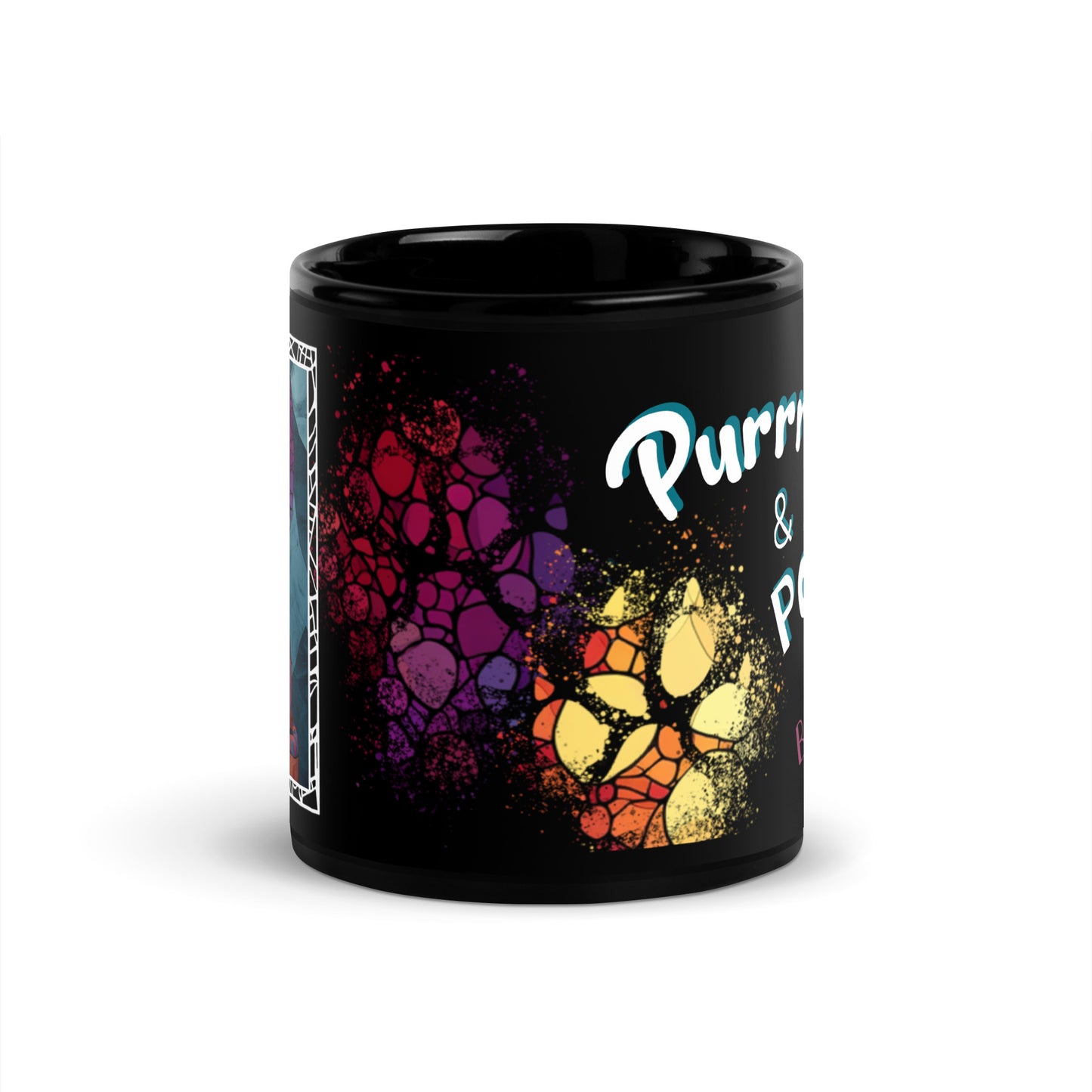 Purrr & Pour text with image of a Bengal cat on stained glass style background with colorful paw prints on a black ceramic mug 11 oz — front view