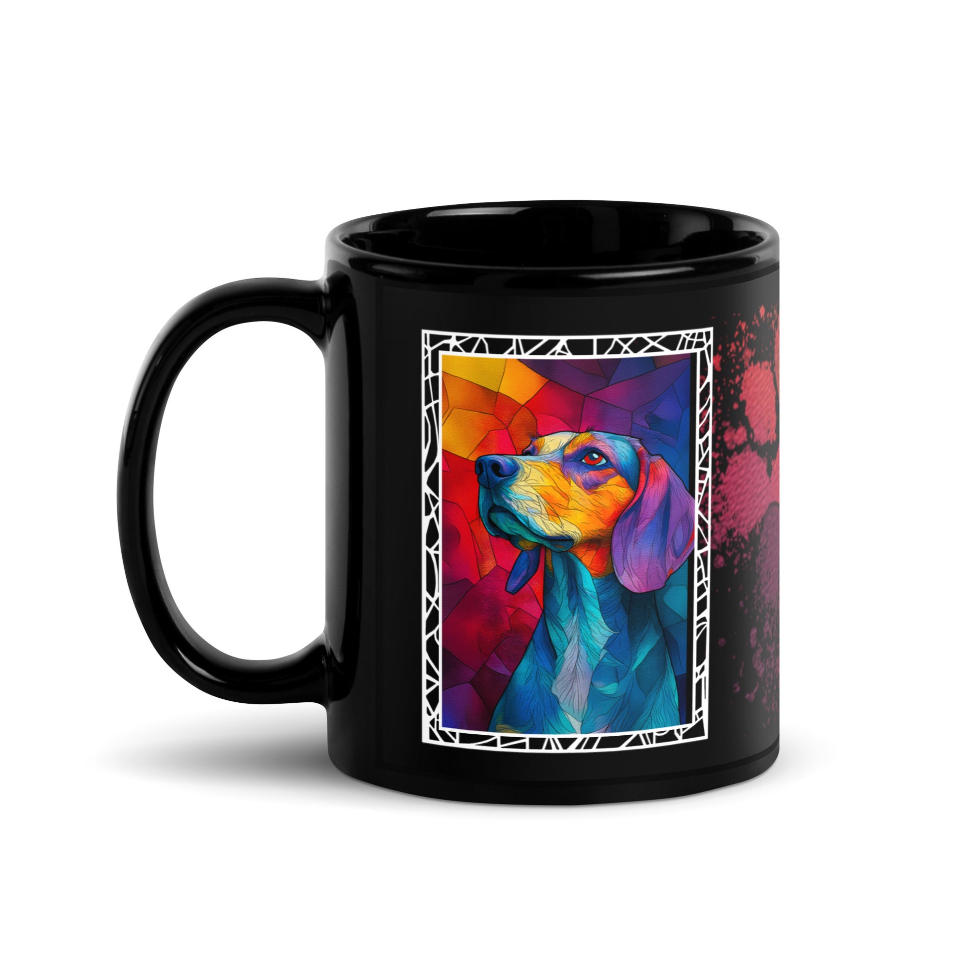 Stay Pawsitive text with image of a Beagle dog on stained glass style background with colorful paw prints on a black ceramic mug 11 oz — handle on left