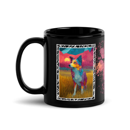 Stay Pawsitive text with image of a Border Collie dog on stained glass style background with colorful paw prints on a black ceramic mug 11 oz — handle on left