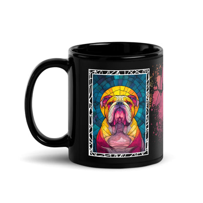 Stay Pawsitive text with image of a Bulldog on stained glass style background with colorful paw prints on a black ceramic mug 11 oz — handle on left