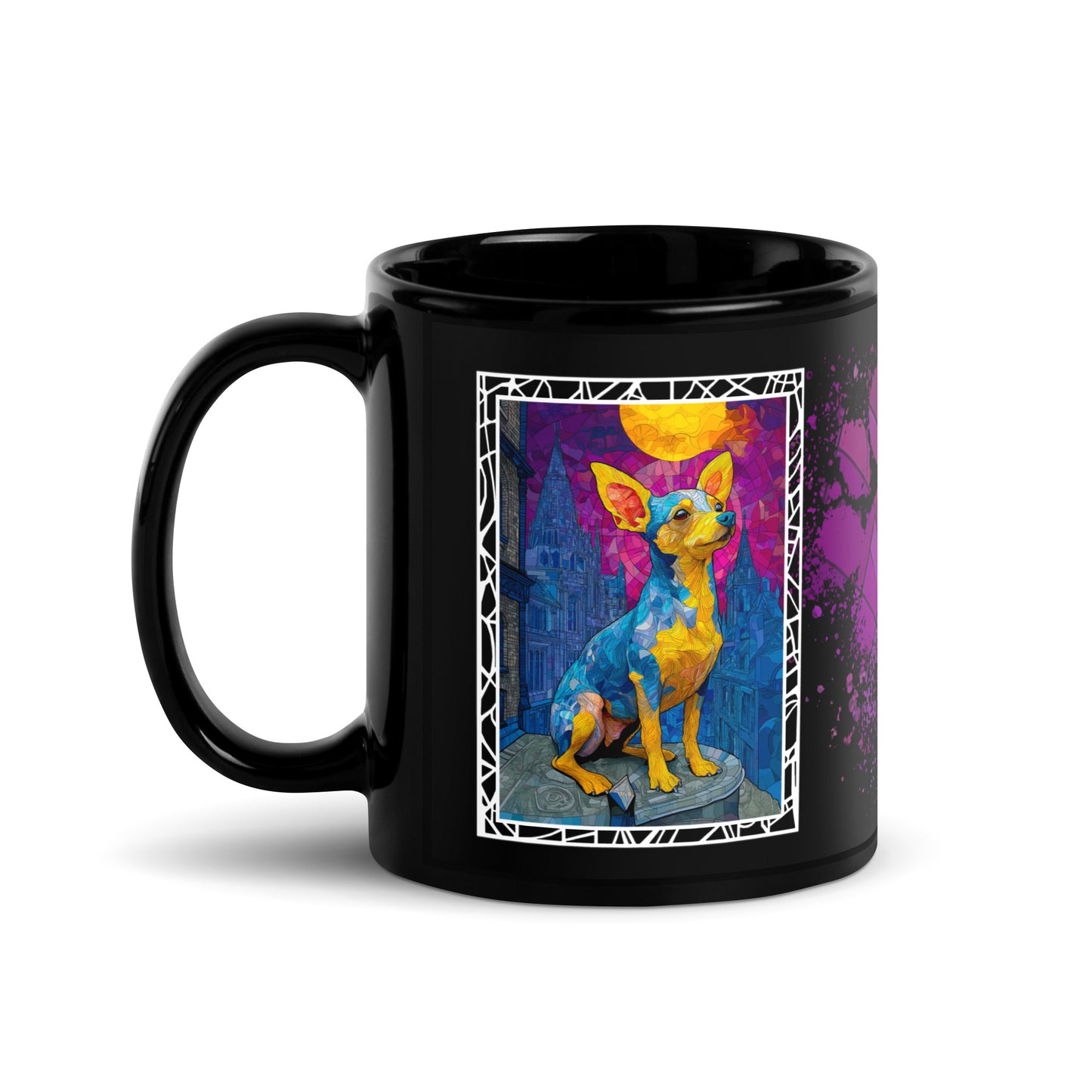 Stay Pawsitive text with image of a Chihuahua dog on stained glass style background with colorful paw prints on a black ceramic mug 11 oz — handle on left