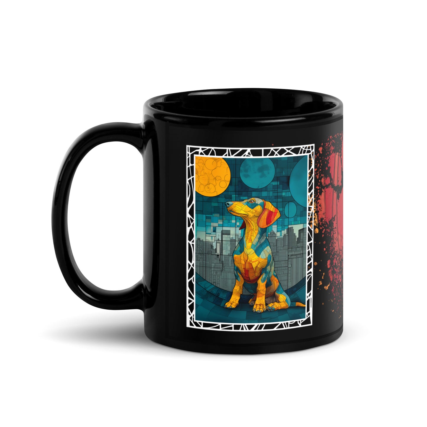 Stay Pawsitive text with image of a Dachshund dog on stained glass style background with colorful paw prints on a black ceramic mug 11 oz — handle on left