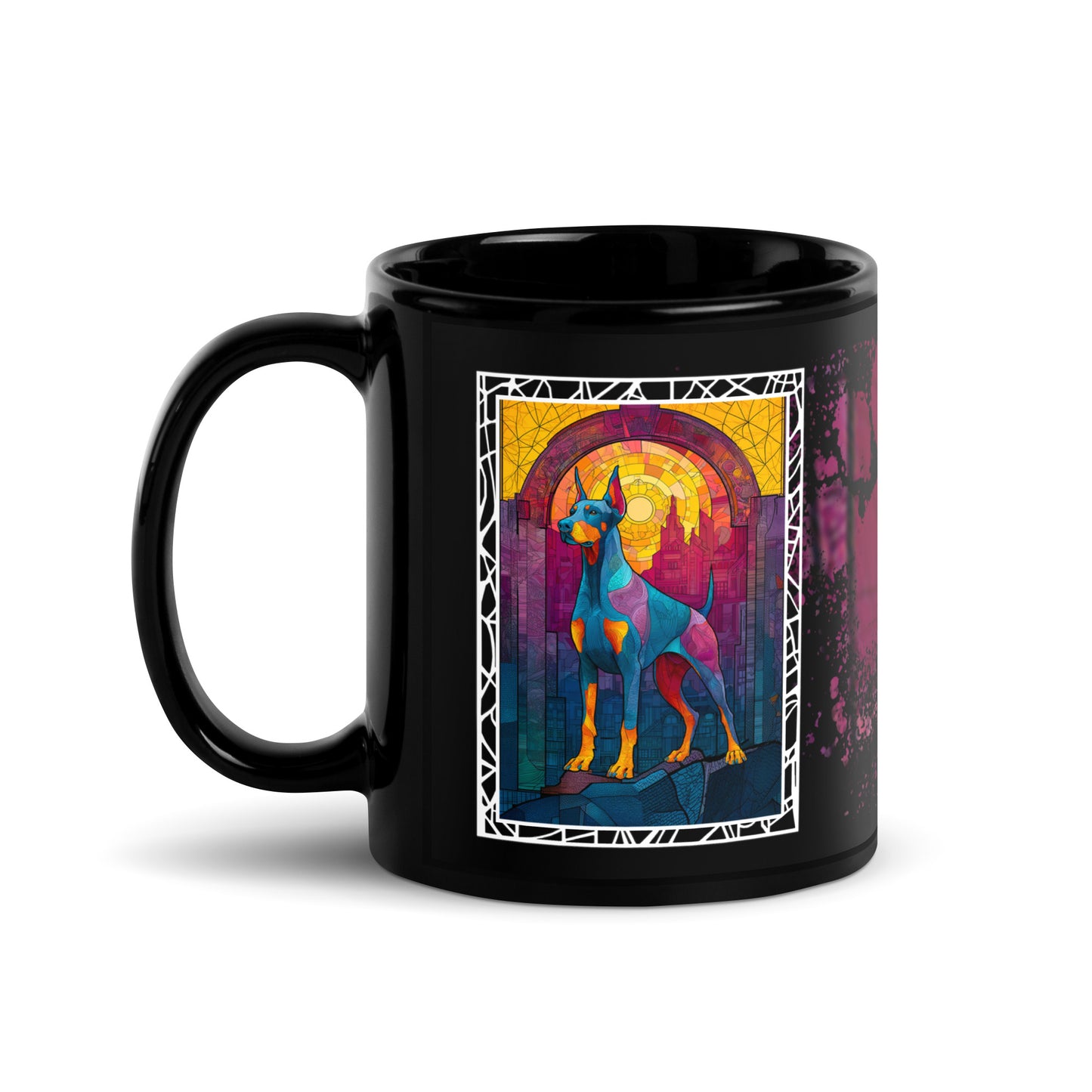 Stay Pawsitive text with image of a Doberman Pinscher dog on stained glass style background with colorful paw prints on a black ceramic mug 11 oz — handle on left