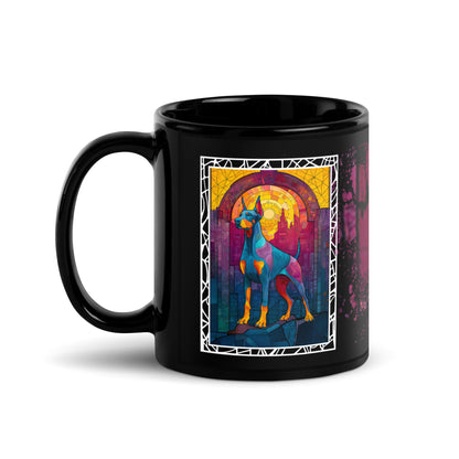 Stay Pawsitive text with image of a Doberman Pinscher dog on stained glass style background with colorful paw prints on a black ceramic mug 11 oz — handle on left